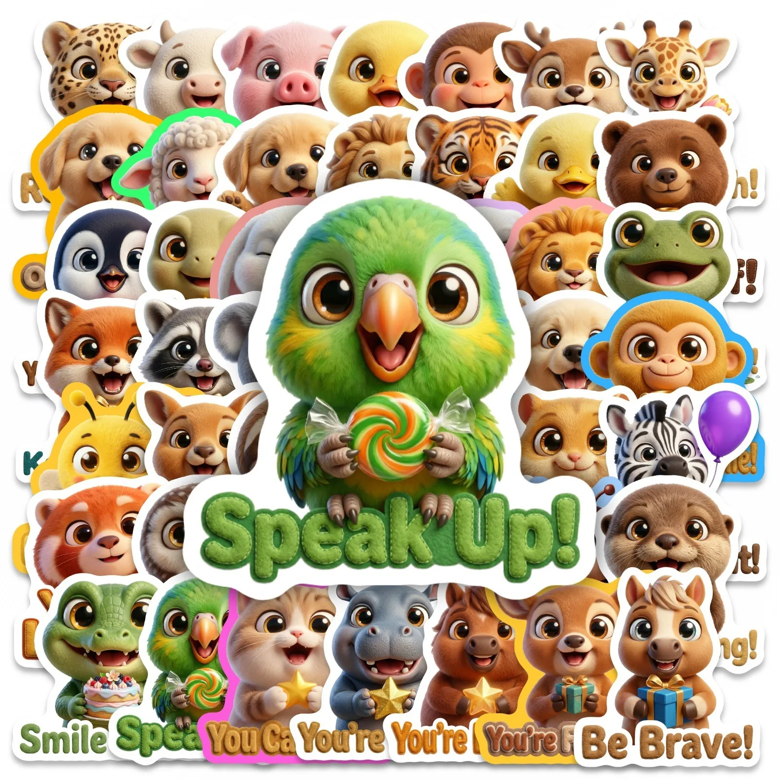 50 Pcs 3D Cartoon Cute Pet Positive Slogan Stickers Waterproof for Cup Notebook Helmet Phone Stationery Box No Repeat Decals