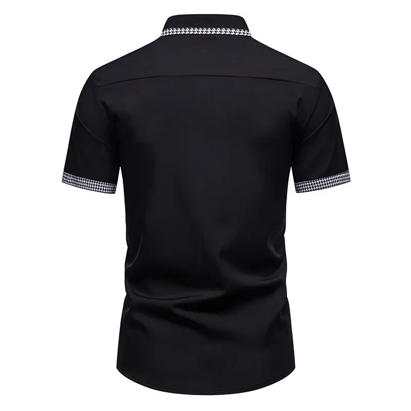 Summer Men's Houndstooth Patchwork Short Sleeve Casual Shirt Basic Fashion Contrast Color Office Work Top Daily Basic Shirts