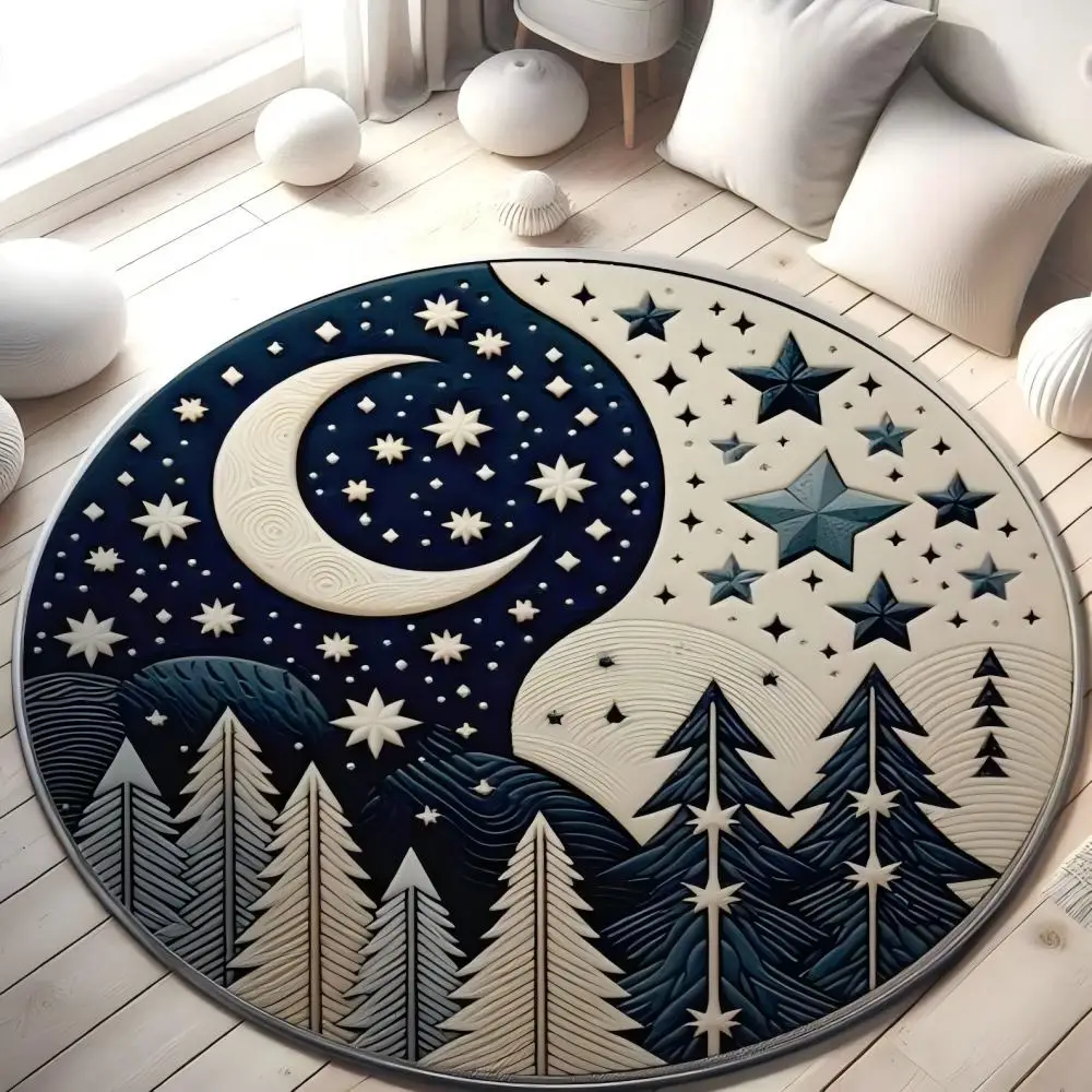 Vikama Flannel Round Rug - Sun and Moon Pattern Design - Sky and Earth Yin-Yang Carpet - Unique Spiritual Home Decor Item