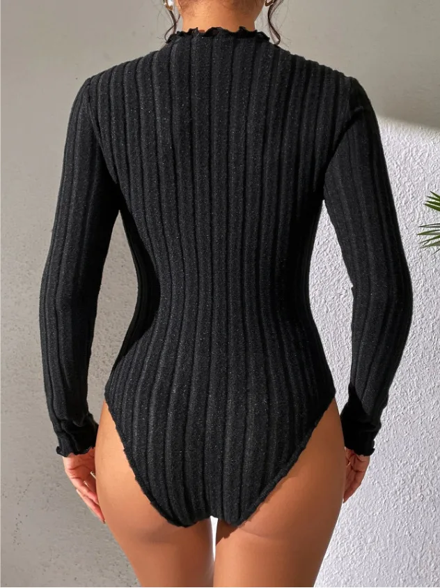 Long Sleeve Top for Women Women's O Neck Bodysuit Ribbed Knitted Skinny Body Suit Orange Black 2023 New Autumn Winter Outfits