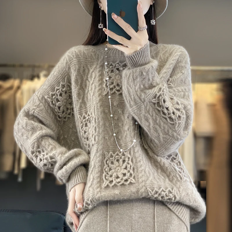 

Шерстяные свитера женские зимние толстые вязаные пуловеры теплые свободные повседневные жаккардовые трикотажные изделия топ вязаный удобный крючком модный 2025
