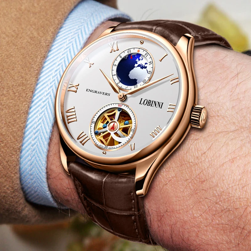 LOBNINI New Brand Mens Automatic Mechanical Watches New Dress Men Watch Advanced Seagull Movement Skeleton Watches
