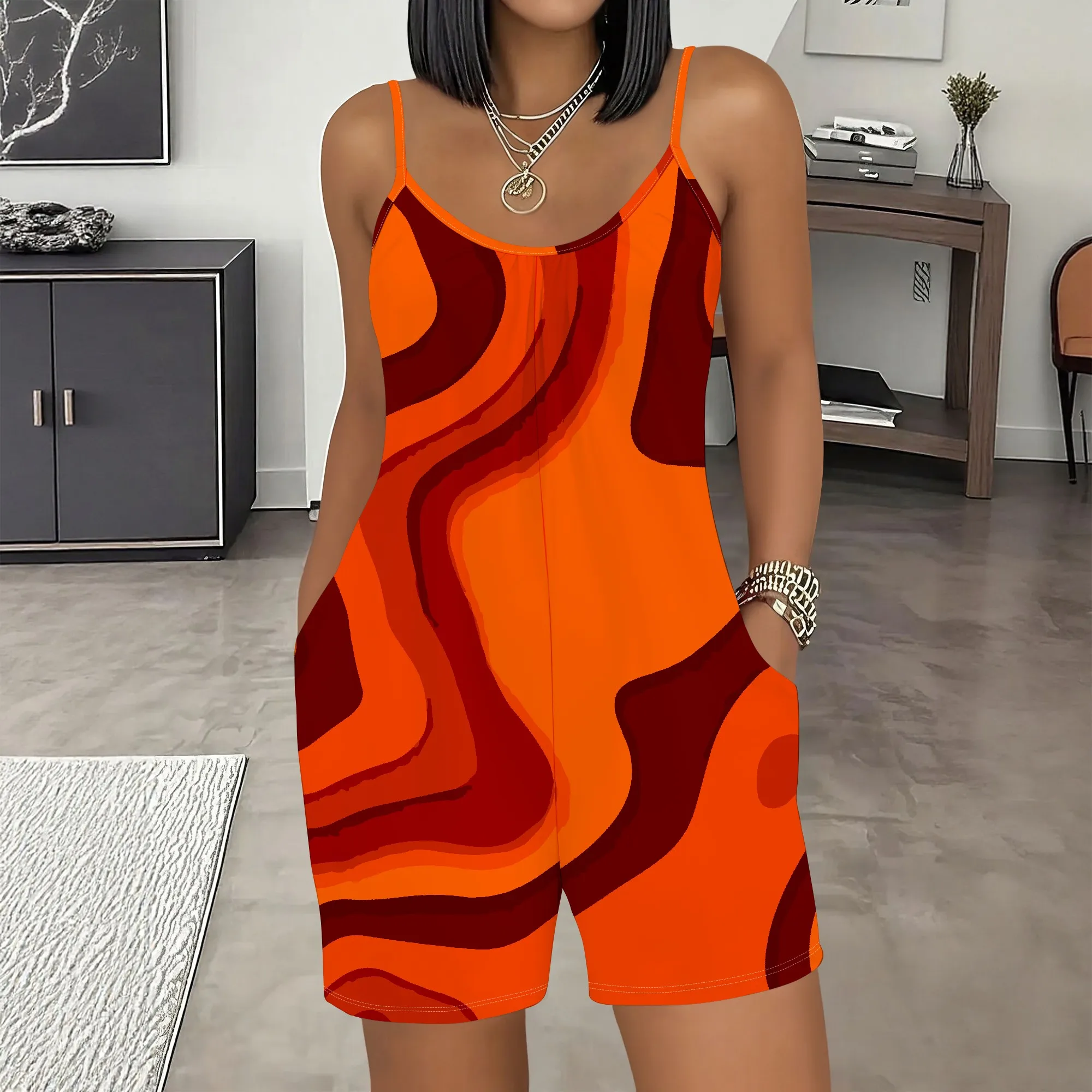 

Orange Wave Print Romper, V-Neck Cami Jumpsuit, Pocket Shorts Set, Casual Beachwear for Women, S-2XL