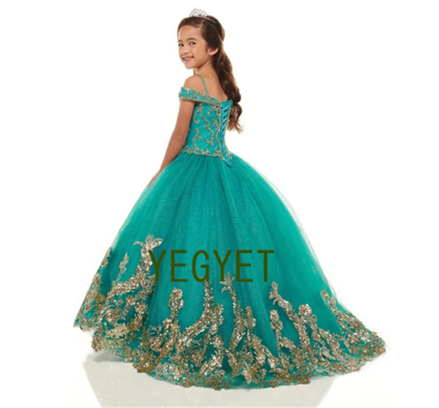 

Cute Teal Blue Princess Ball Gown Girl Dress First Communion Prom Costumes Dresses Flower Sequined Appliques