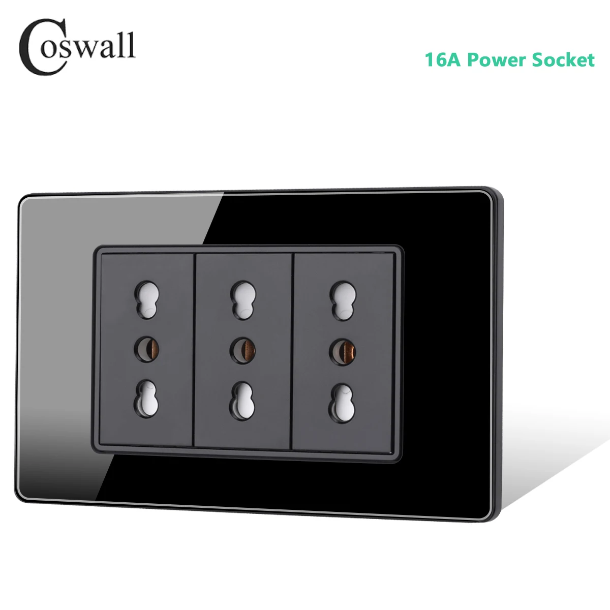 Coswall 118 Series Black Tempered Glass Italian / Chile Standard 16A Wall Power Socket Dual USB Type-c PD 3.0 20W Fast Charging