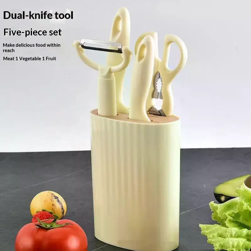 Stainless Steel Kitchen Knife And Scissors Five-Piece Set [Including Knife Holder] Complete Home Set