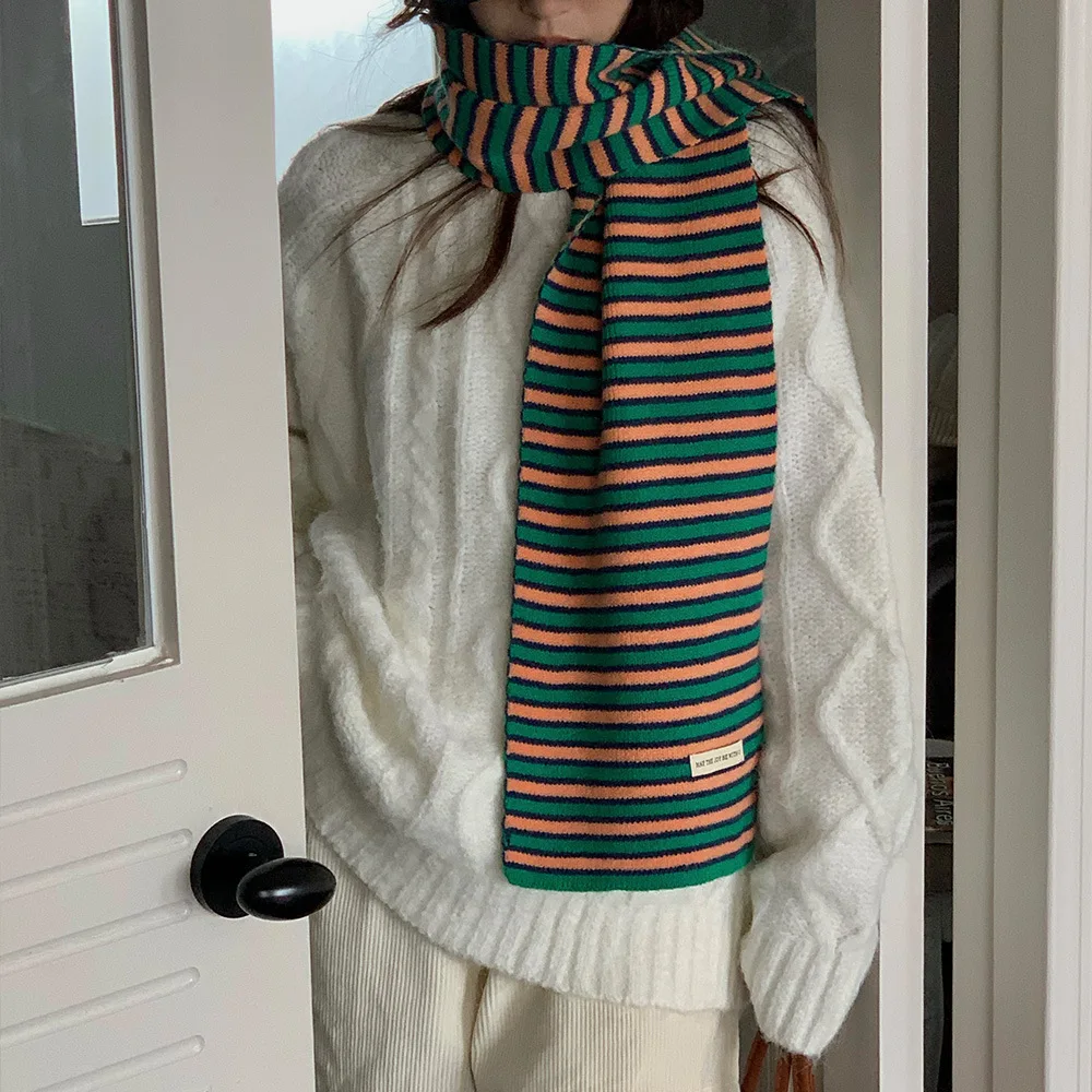 Korean Version Women\'s Scarf Rainbow Striped Knitted Scarves for Female Winter Simple and Warm echarpe femme hiver bufanda