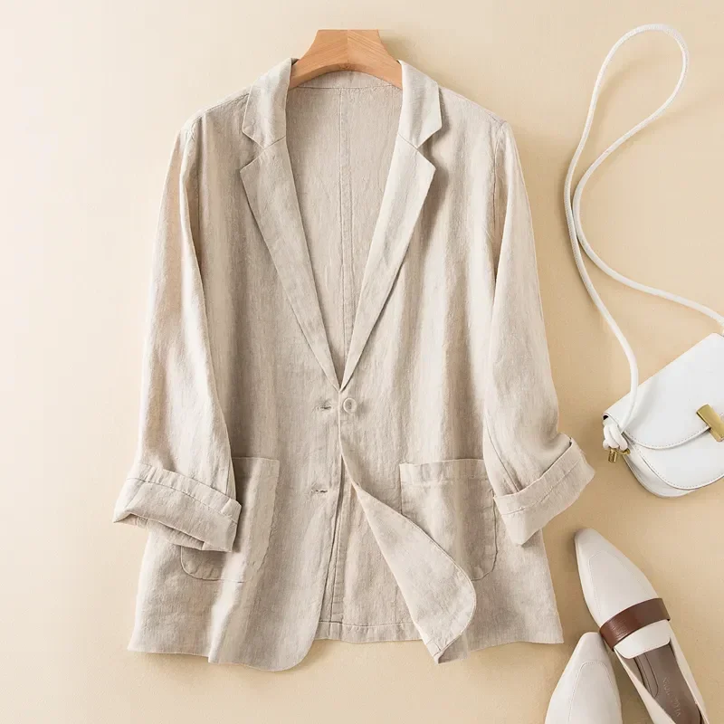 Summer New Cotton and Linen Small Suit Women Blazer 2024 Fashion Thin Coat Three-quarter Sleeve Casual Blazers Jacket Z944