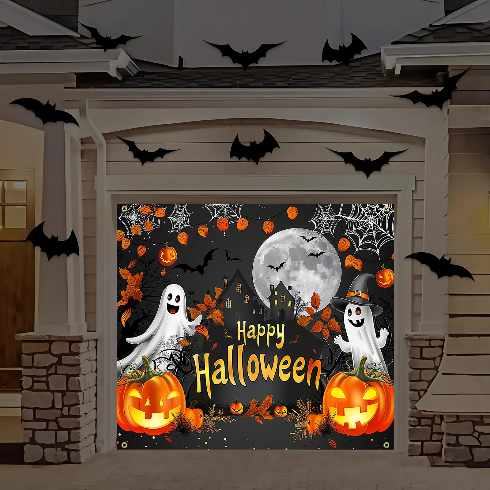 1-Polyester-Banner für Halloween-Garage – Geist, Vollmond, Kürbislaterne und Spinnennetz-Design, Halloween-Dekoration