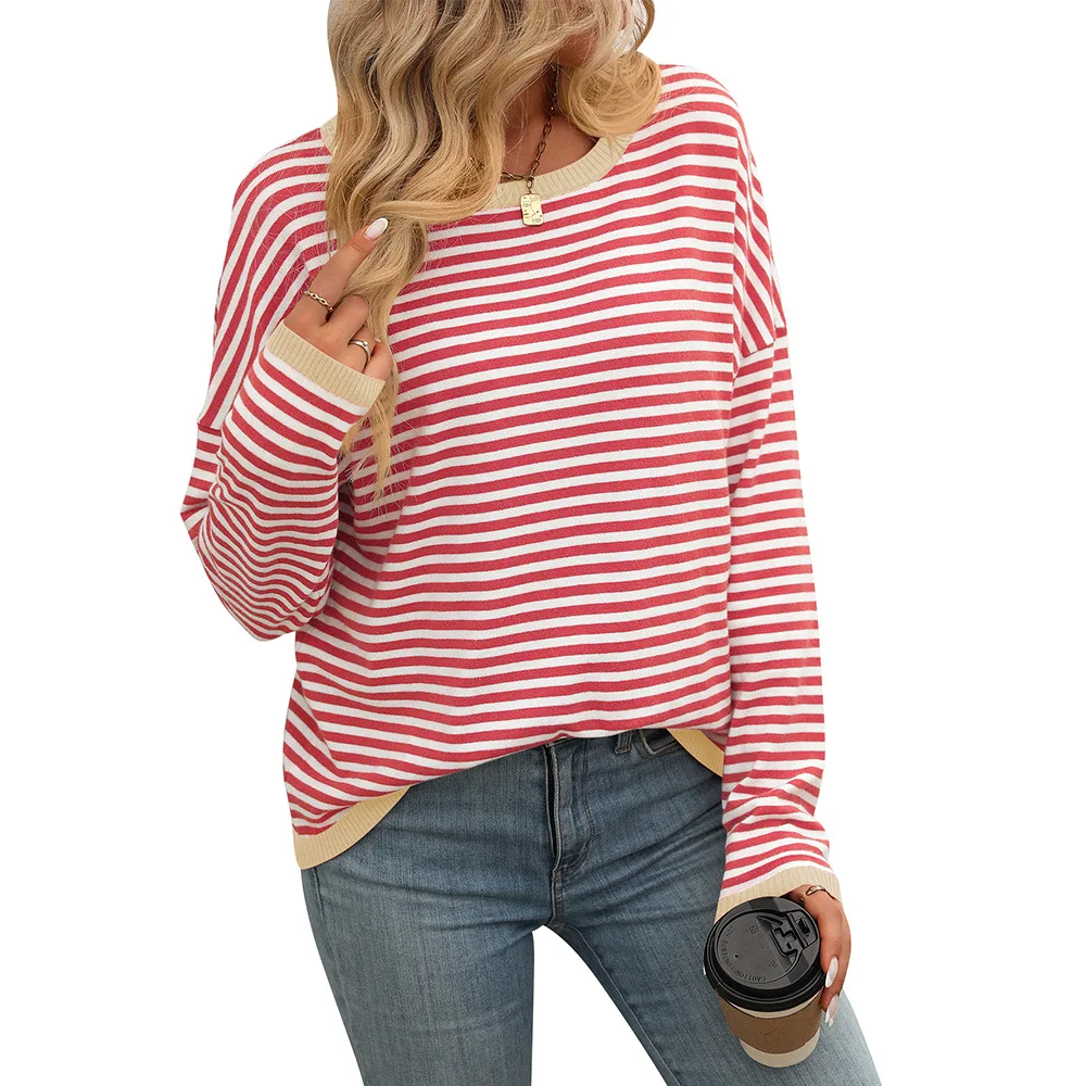 Autumn and Winter New Women's Clothing Amazon Women's Round Neck Striped Contrasting Long Sleeved Casual Sweater