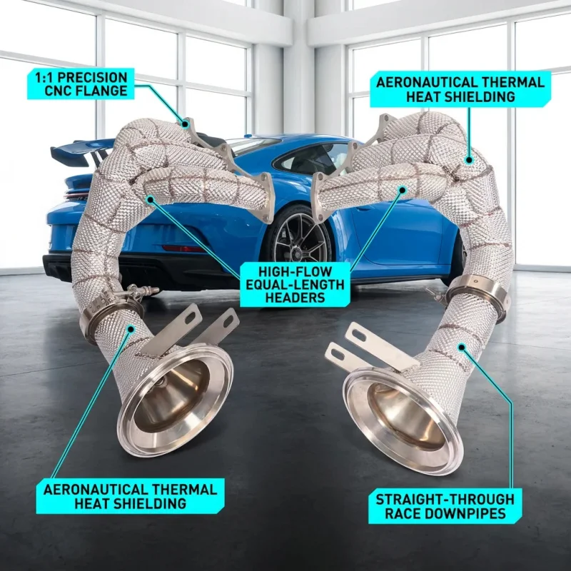 

Custom Athletic Exhaust Head for Porsche 911 992 GT3 4.0L Exhaust Pipes Manifold with Heat Shield Power Upgrade