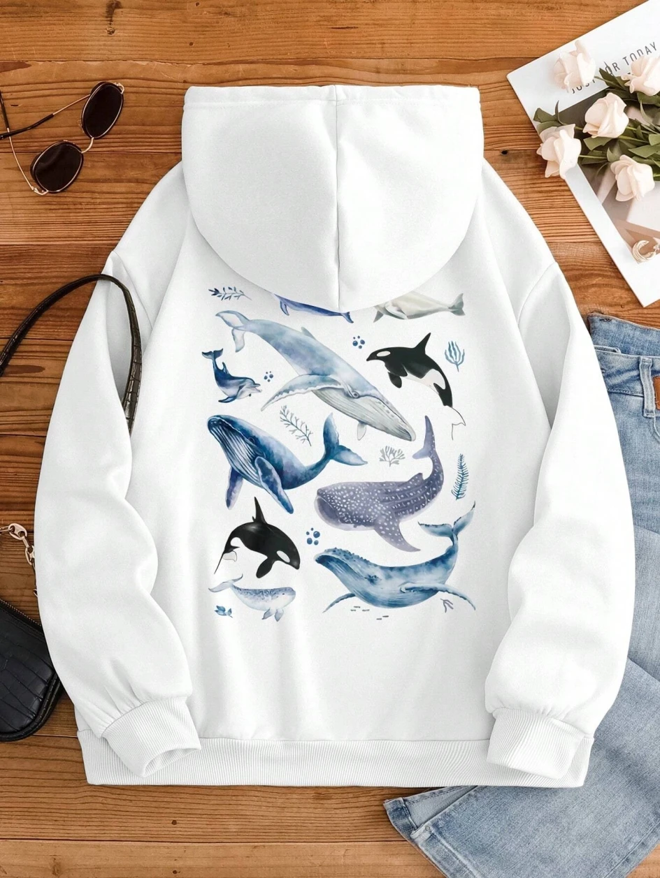 Ocean whales Print Female Hoody Harajuku Comfortable Sweatshirts Fashion O-Neck Quality Hooded Autumn Warm Streetwear Women