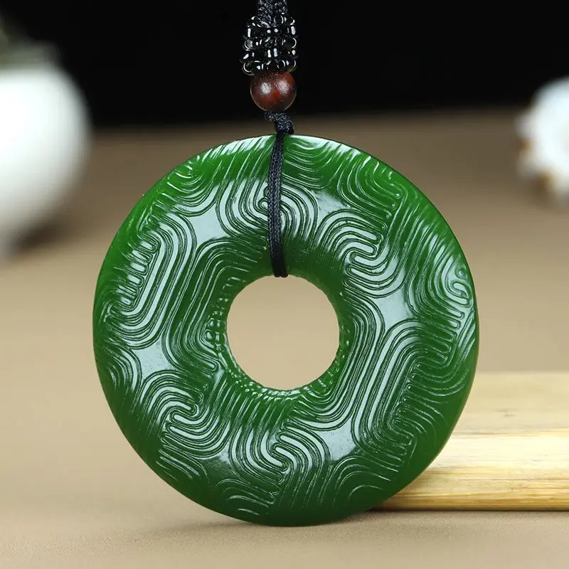 Imitation Hetian Jade Antique Pattern Safety Buckle Pendant Outer Mongolia Material Spinach Green Dragon Pattern Jade Flat Ring