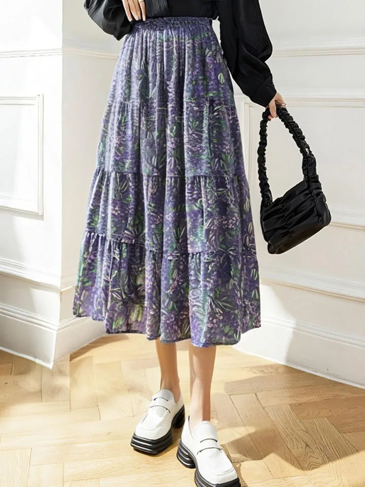 150Kg Plus Size Women's Hip 170 Summer Floral A-Line Skirt High Waisted Large Hem Elegant Skirt Purple 5XL 6XL 7XL 8XL 9XL