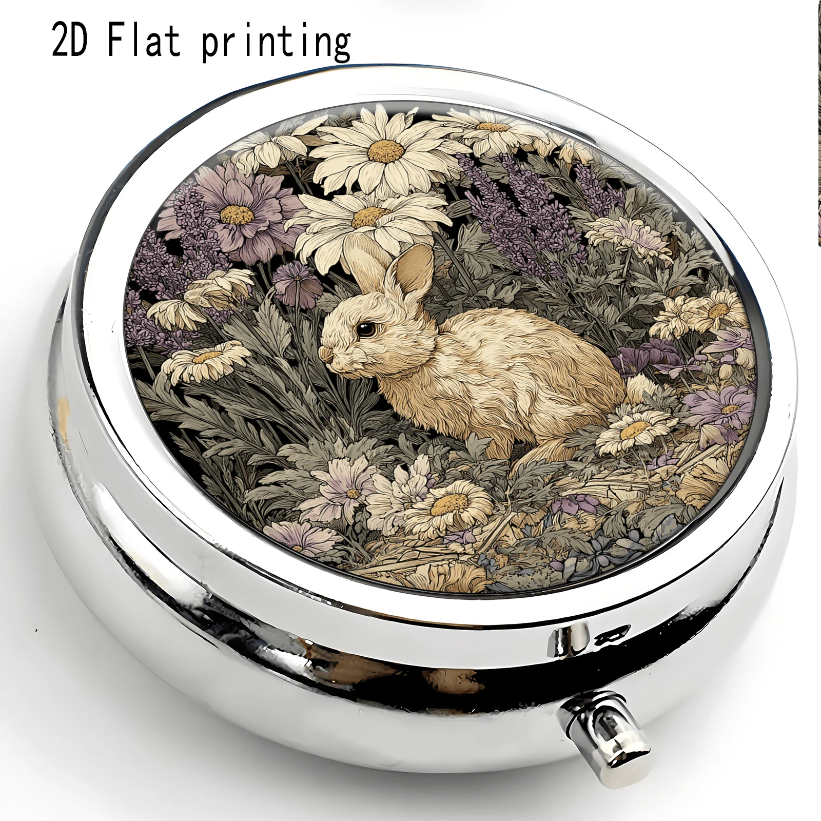 Retro Illustration-Style Daisy Flower and White Rabbit Pattern, Round Three-Compartment Small Pill Box, Portable Medicine Storage, Small Jewelry Organizer, Suitable for Handbags or Travel, Holiday Gifts, Souvenirs, Prizes, Small Gifts, for Personal Use or as an Exquisite Gift Option