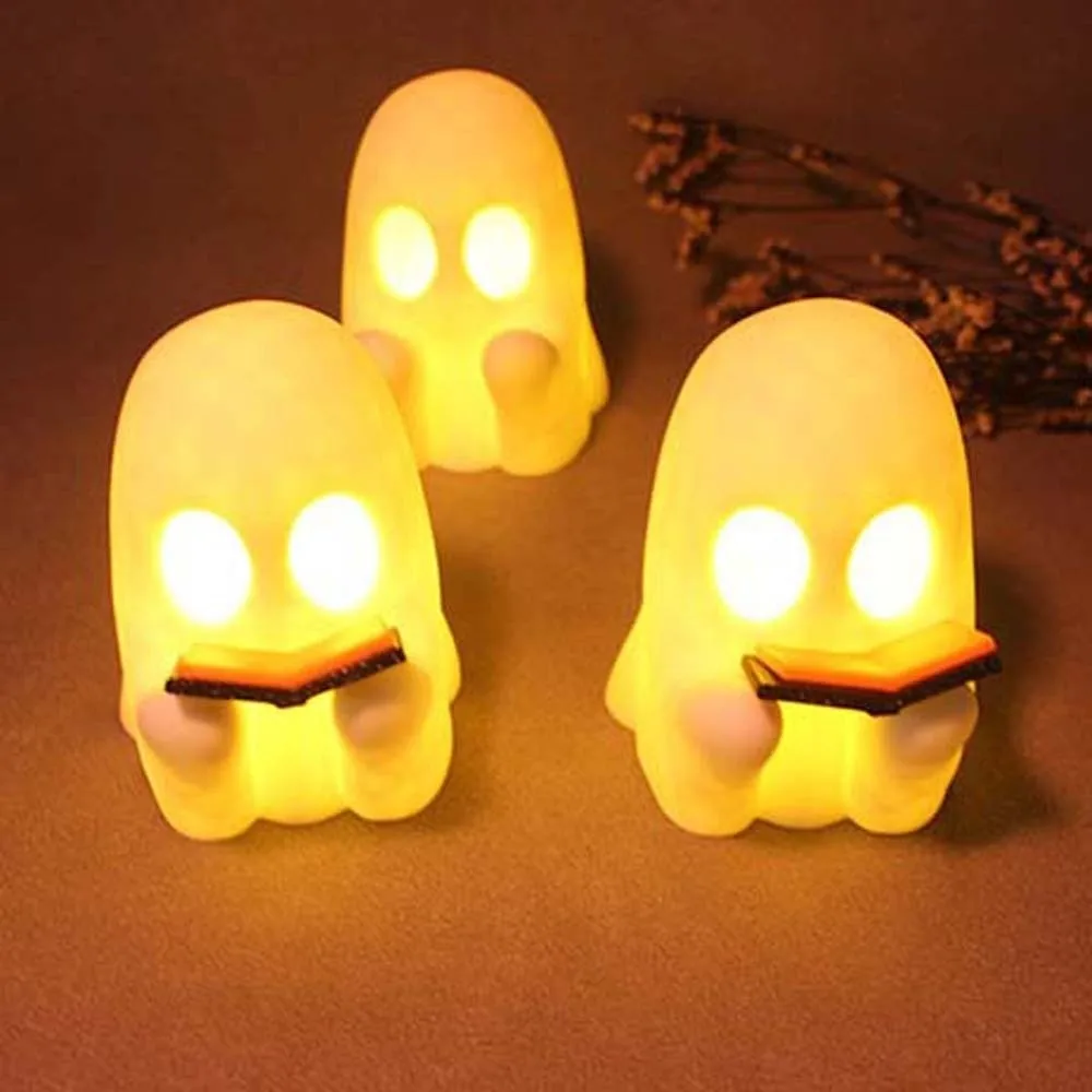Button Cells Battery Operated Ghost Nightlight Warm Yellow Glow Mini Size Reading Ghost Lamp Smooth Surface Hollow Structure