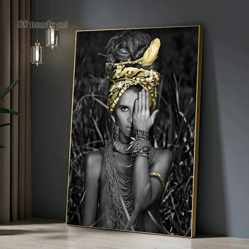 

African Girl Woman In The Bushes Canvas Painting Black Girl with Gold Blue Accessories Posters Mural Modern Home Decor Pictures