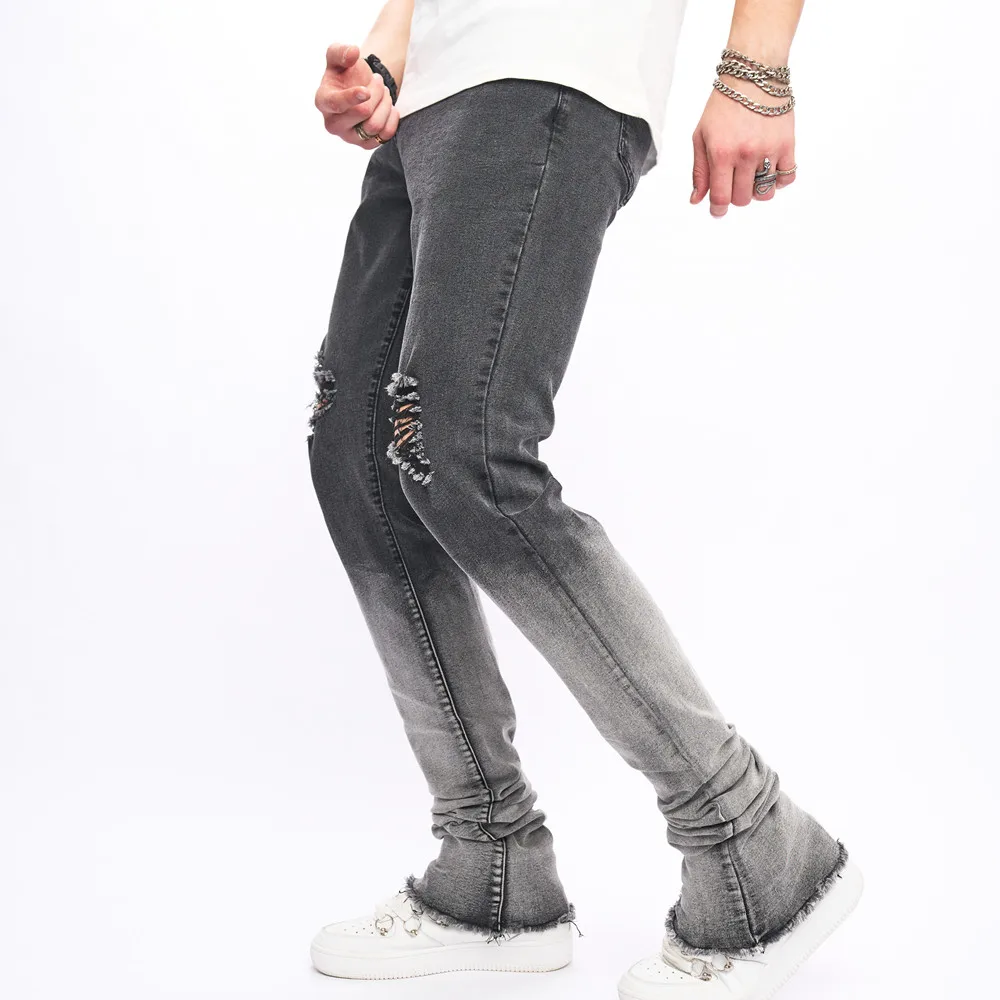 Fashion Gradient Color Men High Street Holes Slim Stretch Jeans Male Ripped Distressed Micro flared Denim Pants Men's Trousers