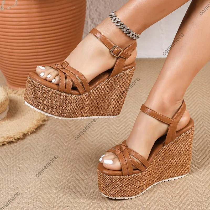 Braune gewebte Espadrille-Plateau-Keilsandalen mit offenem Zehenbereich, Knöchelriemen, hoher Absatz, Sommer-Strandschuhe, modische Zapatos De Mujer, Größe 42
