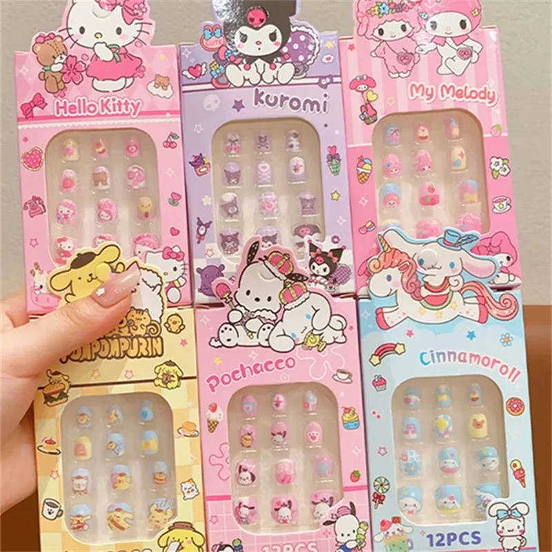 Sanrio Hello Kitty Children Nail Patch Cinnamoroll Kuromi Pochacco Removable Wear Nail Exquisite Fashion Accessories Girls Gift