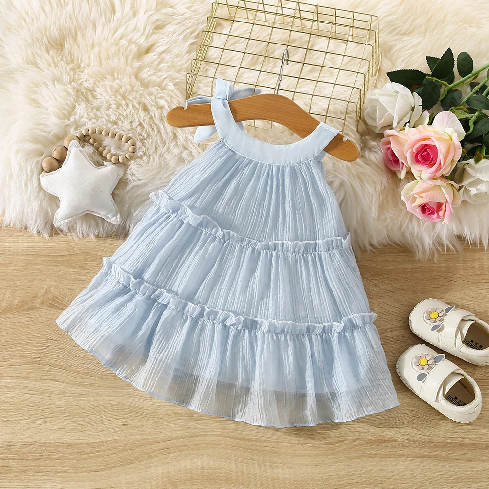 (0-3 Years Old) Summer Baby Girl Cotton Solid Color Suspender Thousand Layer Dress Girl Hanging Neck Princess Dress