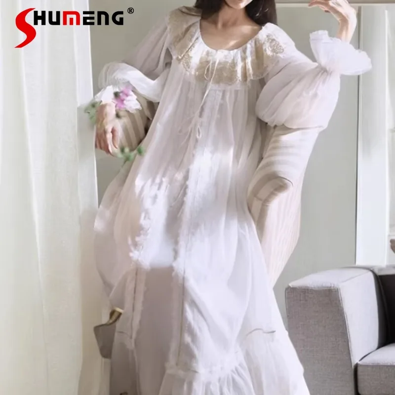 

Утренний халат, домашняя одежда с подушечками на груди, женская ночная рубашка из чистого хлопка и марли, комплект из двух предметов, женская ночная рубашка в дворцовом стиле феи