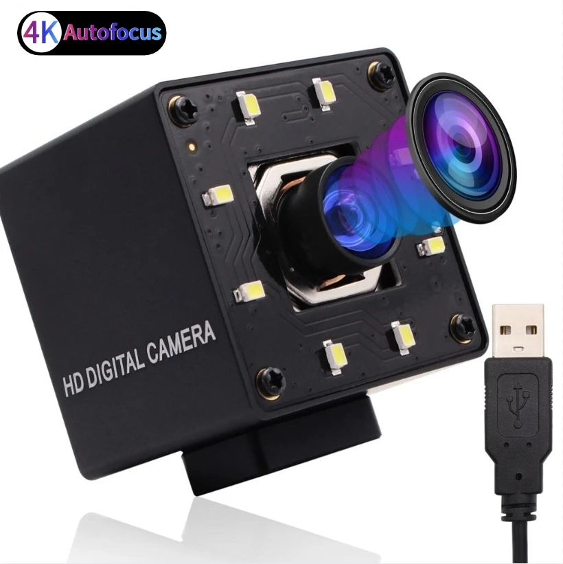 ELP 4K Auto focus USB Camera 8MP 30fps Night Vision Mini PC Camera 100degree Wide Angle No Distrotion USB Webcam with White LEDs