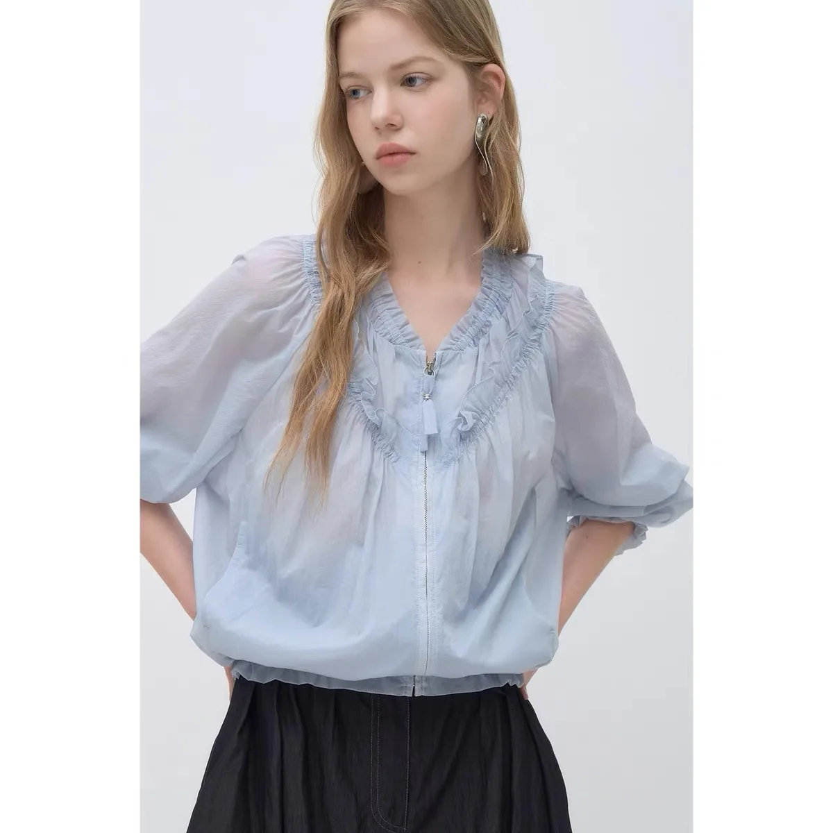 

Elegant Lemon Cheese Outerwear Summer 26 Chiffon Sun Protection Clothing V-neck Pleated Drawstring Lightweight Fashion