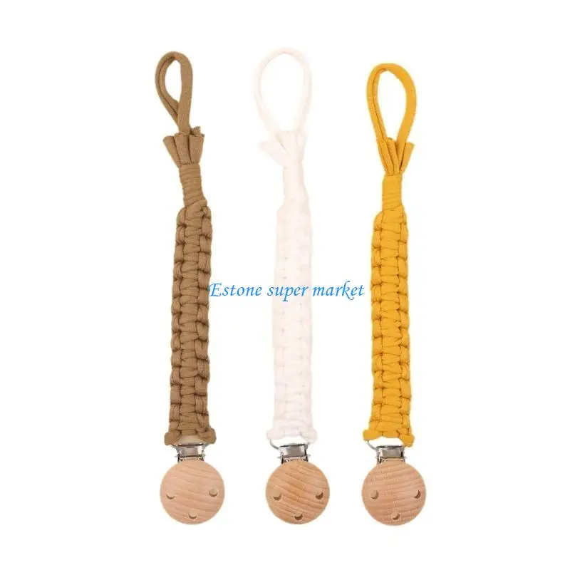090B Pack of 3pcs Baby Pacifier Clip Chain Wood+Cotton Teether Holder Rope Infants Teething Toy Strap Toy Organiser Rope