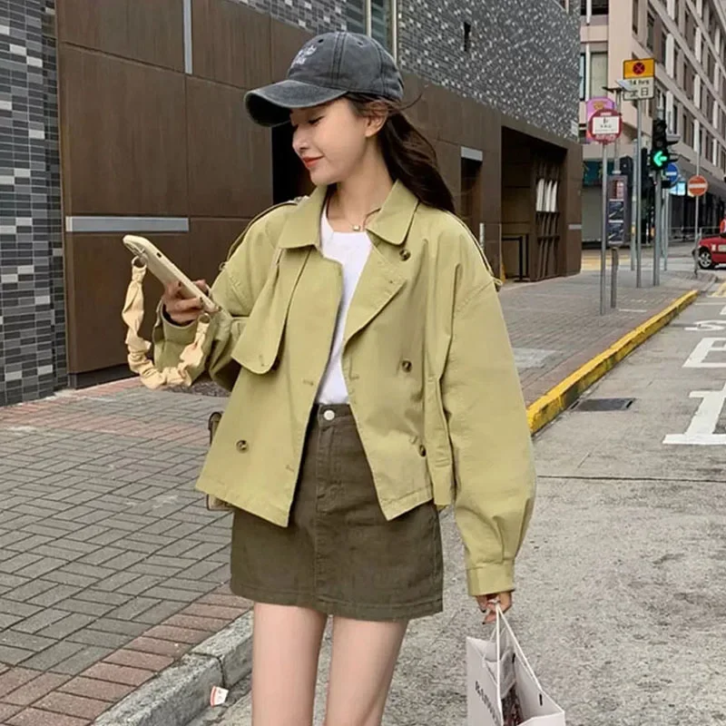 

Korean Green Short Trench Coat With Sashes Women Casual Lapel Double-breasted Long Sleeve Female Windbreaker Spring Autumn New