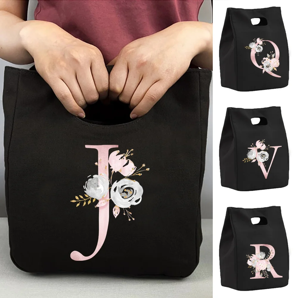 Thermal Bag Insulated Lunch Bag for Women Portable Eco Cooler Handbags Lunch Box Ice Pack Picnic Food Tote Pink Flower  Pattern