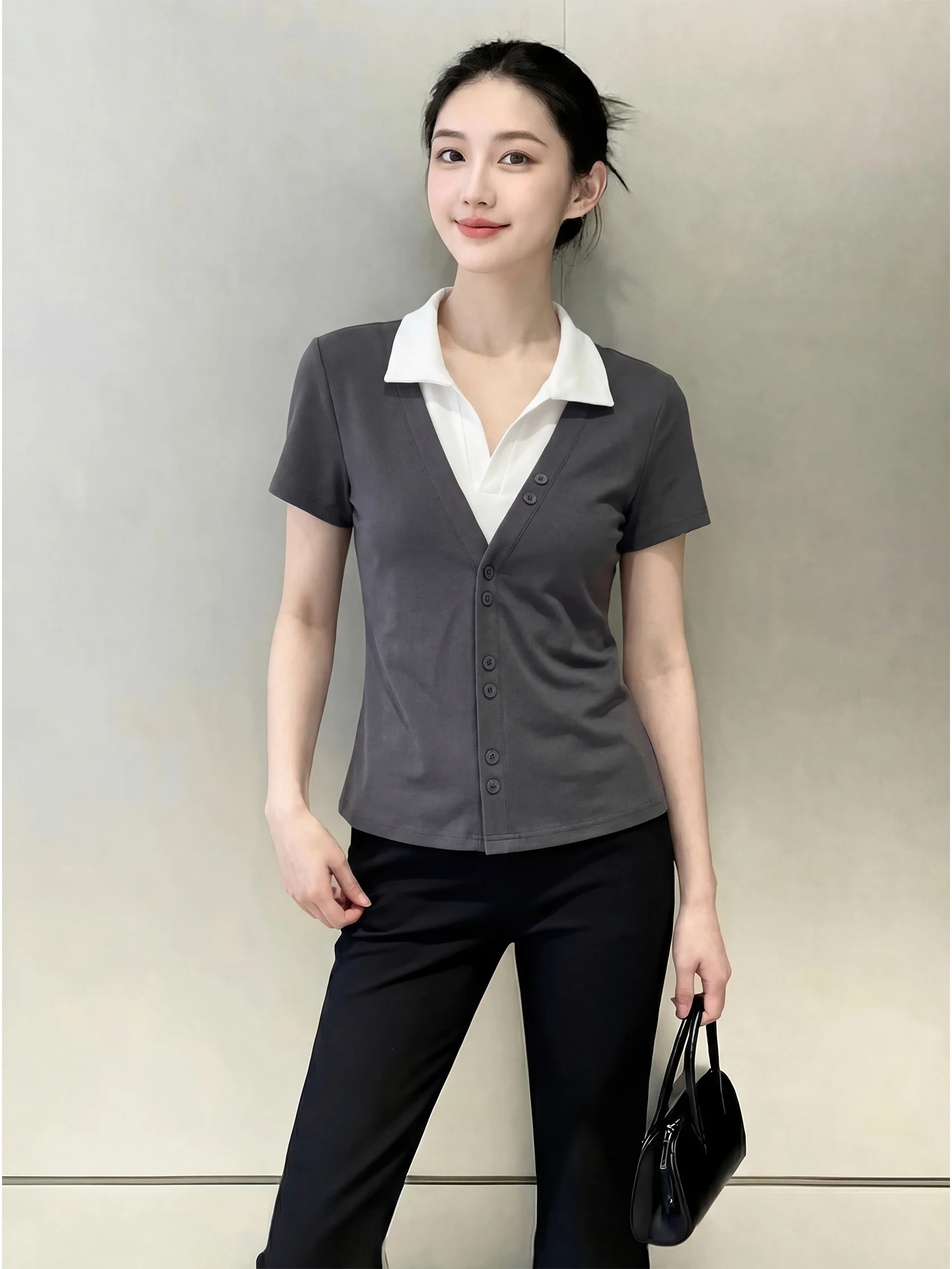 

Slimming V-Ne ort Sve Button-Up Women's T-irt Top plus Size Inner Wear Spring Design Floral Print French Sle Casua...