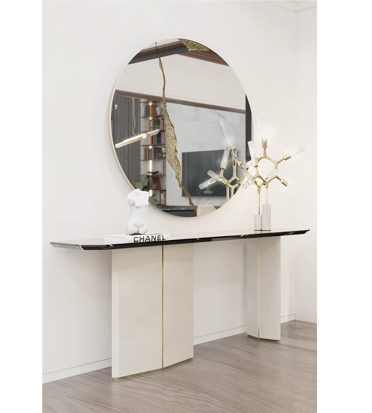 #￥MR Luxury Modern Marble Top Console Table Stainless Steel PU Leather Cover Customizable Size Home Hotel Apartment Villa Living