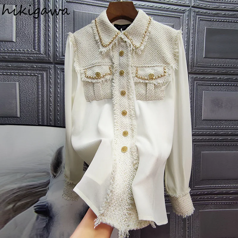 

Chic Blusas Elegant Shirts Women Mujer De Moda Korean Fashion Blouses Women Patchwork Tweed Shirt Vintage Loose Tops Female 2023