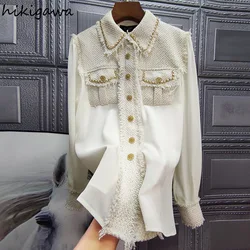 Chic Blusas Elegant Shirts Women Mujer De Moda Korean Fashion Blouses Women Patchwork Tweed Shirt Vintage Loose Tops Female 2023