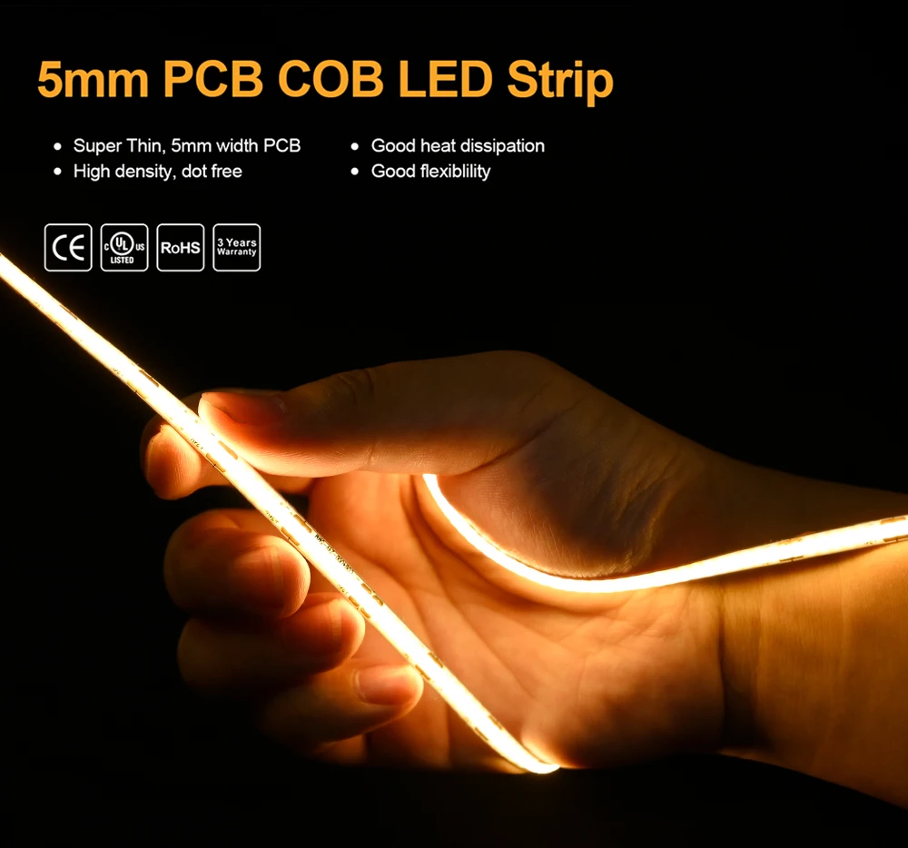 5mm Superdünner COB LED-Streifen 400LEDs/m Hohe Dichte Flexibles LED-Band Linear Dimmbar RA90 3000K 4000K 6500K Raumdekor-Beleuchtung – Detail 1