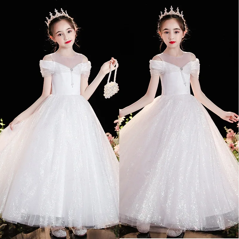 

Girl Dress For Wedding Princess Party Formal Ball Gown Kids White Long Evening Flower Girl Prom Dresses Kids