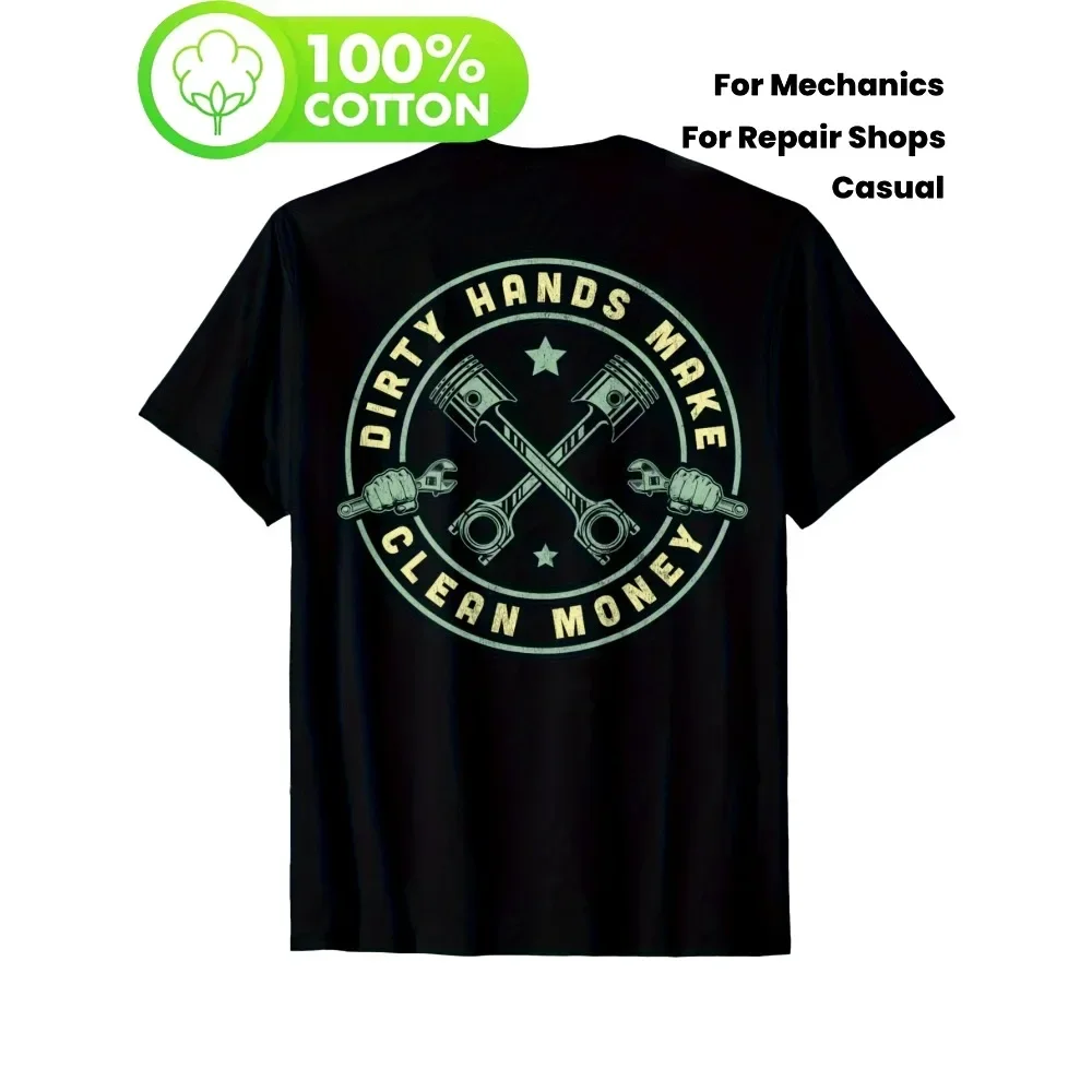 

Men's Heavy-Duty Mechanic T-Shirt - Dirty Hands Make Clean Money Graphic Tee with Crossed Axes/Swords, Black Crew Neck Shirt
