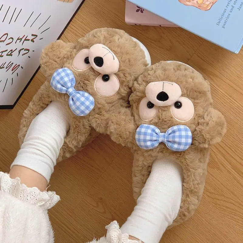 New chaussons femme  desginer animal bear fluffy slippers woman house shoes for women 2025 new winter indoor furry slipper