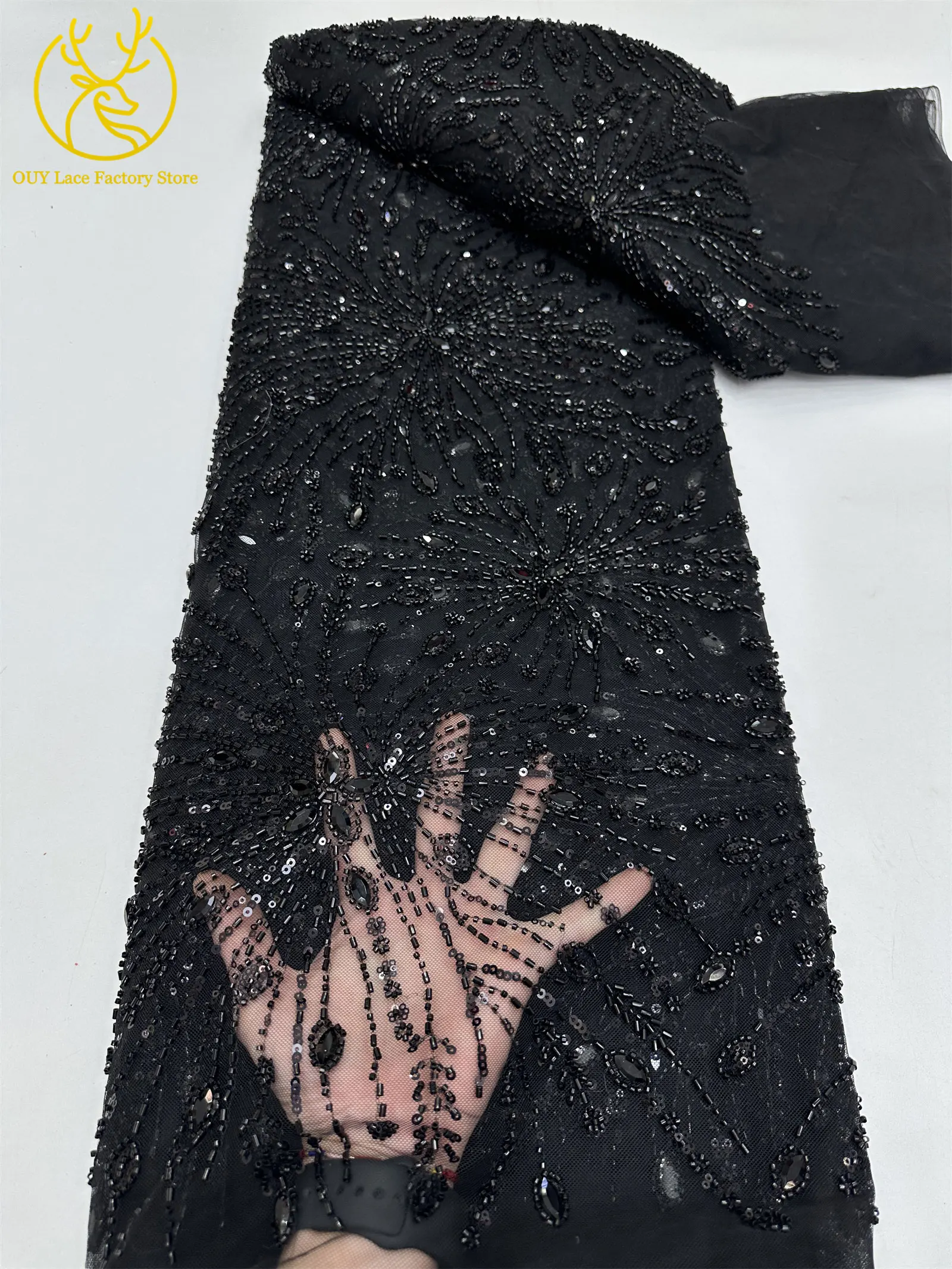 Goldene französische Edelstein-Perlenstickerei-Spitze, hochwertige nigerianische Mesh-Pailletten-Tüllspitze, afrikanischer Spitzenstoff für Damenkleider – Detail 14