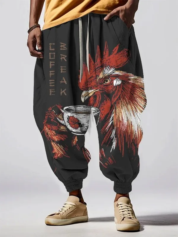 

Мужские свободные спортивные брюки с завязками на талии, винтажные, с принтом «Курица на кофе-брейке», длинные брюки-шаровары, повседневные, универсальные, стильные мужские штаны