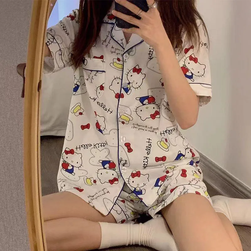 Sanrios Kuromi Hello Kittys Pajamas Women Nightgown Loose Cute Soft Girl Summer New Short Sleeved Sleepwear Home Clothe Sets Y2K