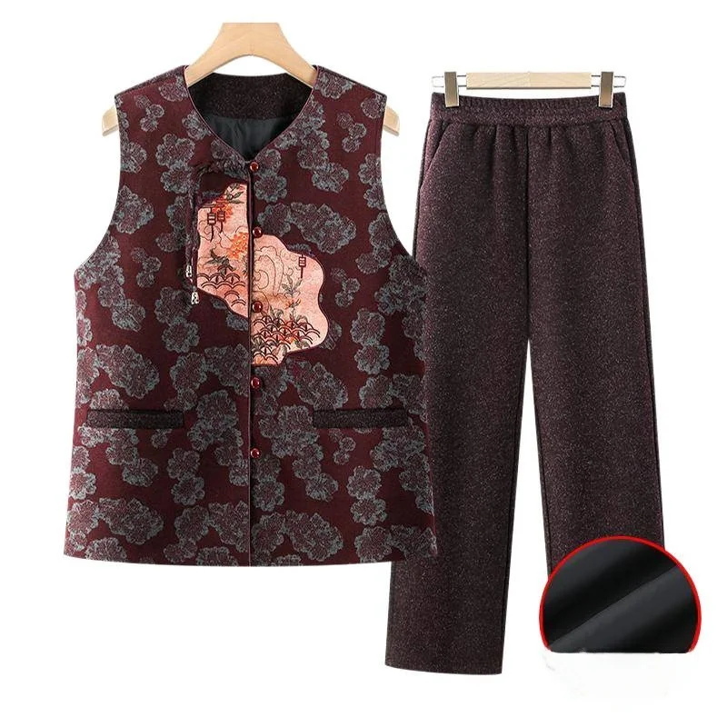 Warm Commuter Sle Women's Vest Set ly Lady Outerwear Mom 80 Years Old andma Autumn Clothes Thiened round Ne Design