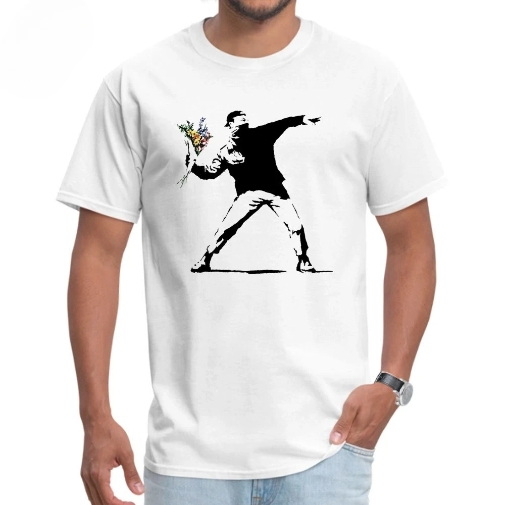 

Футболки Swag Banksy Flower Thrower, мужская футболка из 100% хлопчатобумажной ткани, мужские футболки, новинка, уличное искусство, дизайнерские футболки Rebel, большие размеры