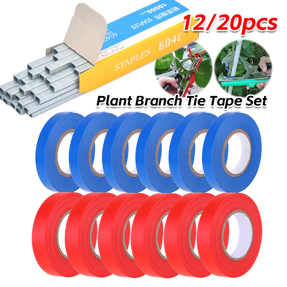 12/20pcs Plant Tying Tape with 1 Box Staple Tying Binding Tie Tape Plant Tying Machine Tape Tool for Garden Plant Vine Tie