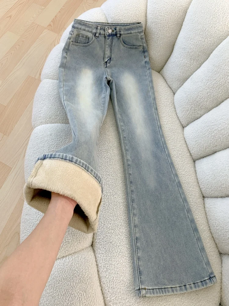 Washed Light Blue Fleece Lined Micro Flared Jeans Women's Autumn Winter High Waist Slimming Bell Bottoms Commute Style Jeans