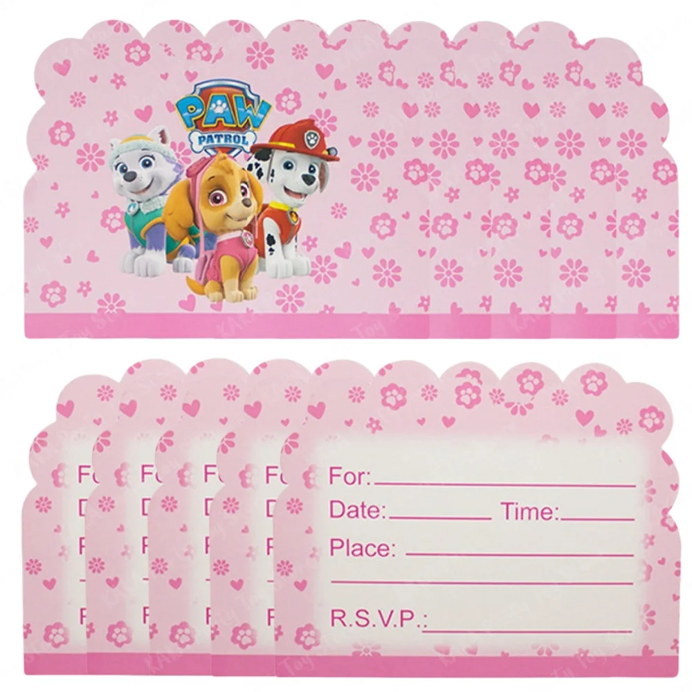 10/20/30 Uds. Invitaciones de fiesta Pink Skye Paw Patrol, tarjetas de invitación de dibujos animados de papel para niñas, decoración para fiesta de bienvenida de bebé y cumpleaños para niños
