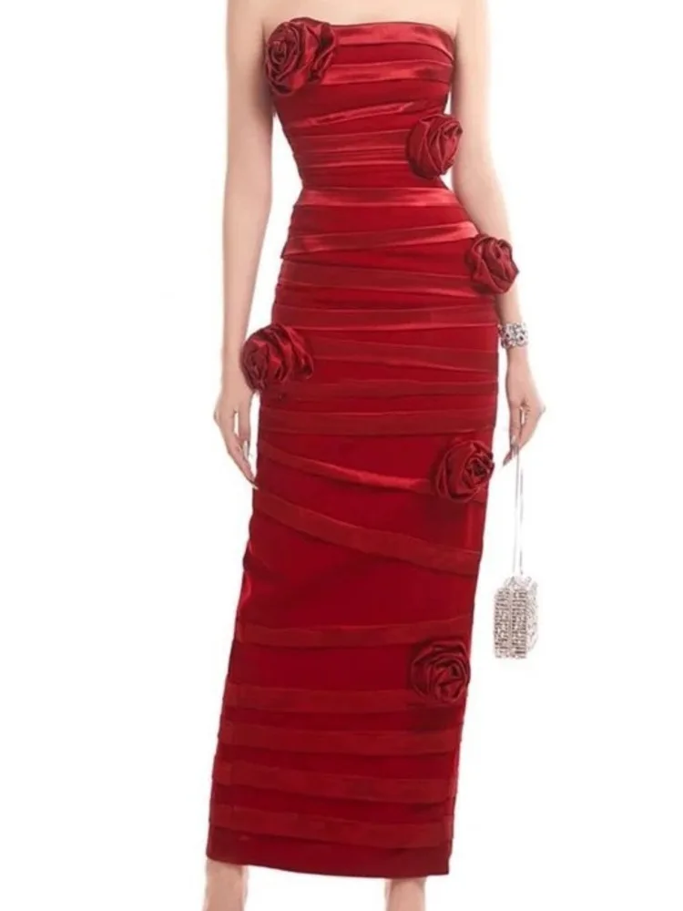 [oein] New red three-dimensional flower strapless dress for women, with a high-end temperament and a light luxury, slim fit and