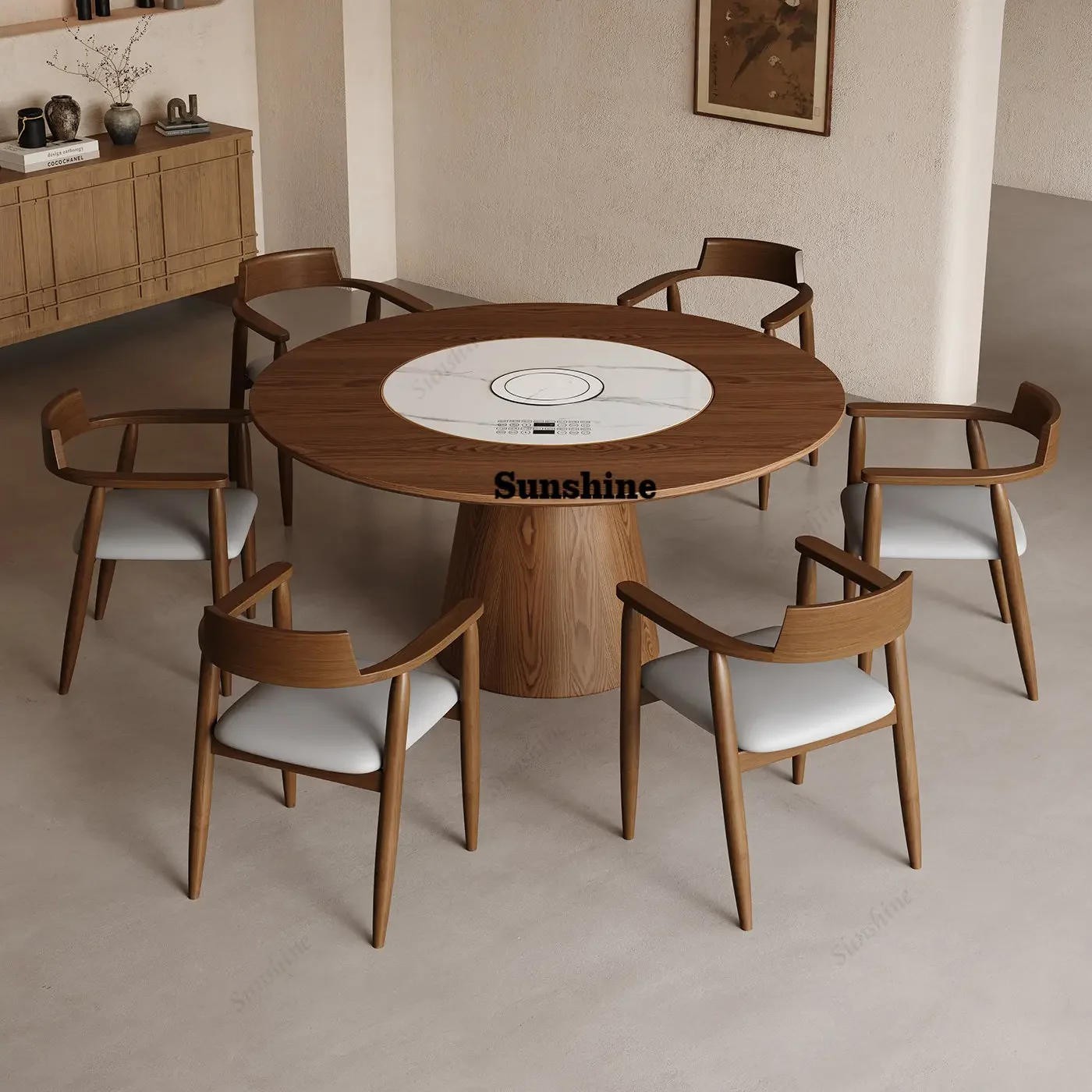 

Medieval solid wood round dining table Household built-in induction cooker turntable round tableTJ