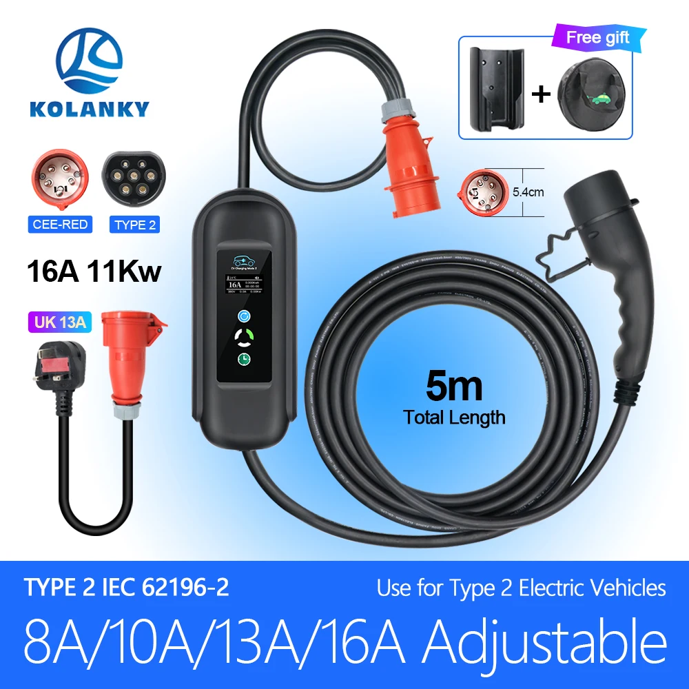 

Зарядное устройство Kolanky EV, 16 А, 11 кВт, тип 2, таймер IEC 62169, зарядка электромобиля, Великобритания, от 13 до 11 кВт, кабель адаптера питания, 5 м